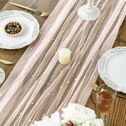 Pink Table Veil with White Pearls - Silky Gauze 30x120 Inches - For Weddings, Parties & Table Decorations V1188-ZXY-131-368