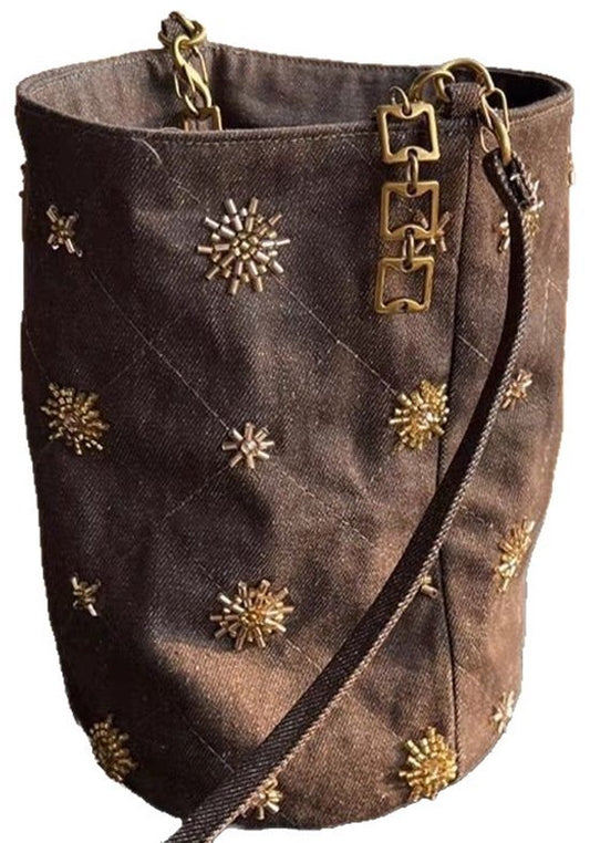 Checked and Embroidery Bucket Bag - Denim Shoulder Bag - Adjustable Strap & Handle - 14x21 cm V1188-ZXY-131-373