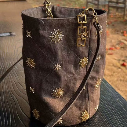 Checked and Embroidery Bucket Bag - Denim Shoulder Bag - Adjustable Strap & Handle - 14x21 cm V1188-ZXY-131-373