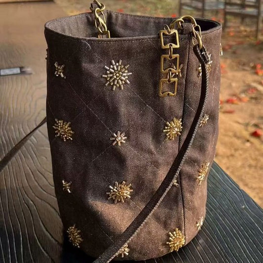 Checked and Embroidery Bucket Bag - Denim Shoulder Bag - Adjustable Strap & Handle - 14x21 cm V1188-ZXY-131-373