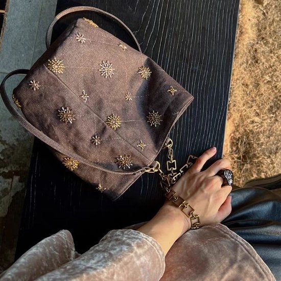 Checked and Embroidery Bucket Bag - Denim Shoulder Bag - Adjustable Strap & Handle - 14x21 cm V1188-ZXY-131-373