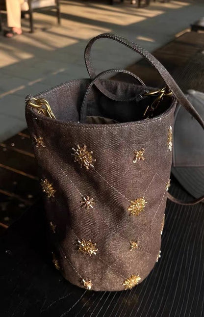 Checked and Embroidery Bucket Bag - Denim Shoulder Bag - Adjustable Strap & Handle - 14x21 cm V1188-ZXY-131-373