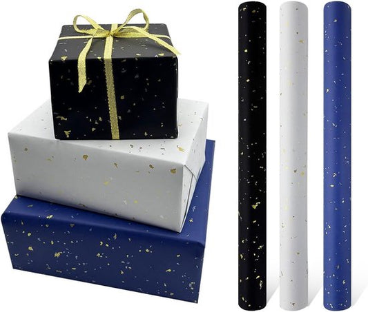 3 Rolls of Birthday Wrapping Paper - 43cm x 3m Per Roll - Blue, White & Black - Large Roll of Recyclable Paper V1188-ZXY-131-379
