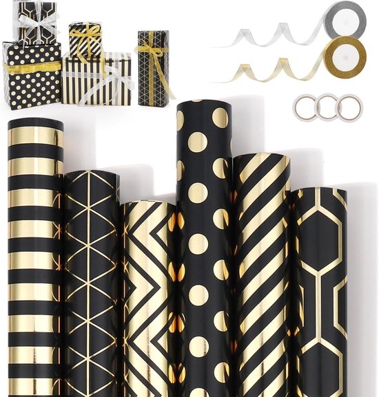 Wrapping Paper Set - 6 Rolls Gold & Black Christmas - Includes Ribbon & Stickers - 43x300 cm Per Roll V1188-ZXY-131-380