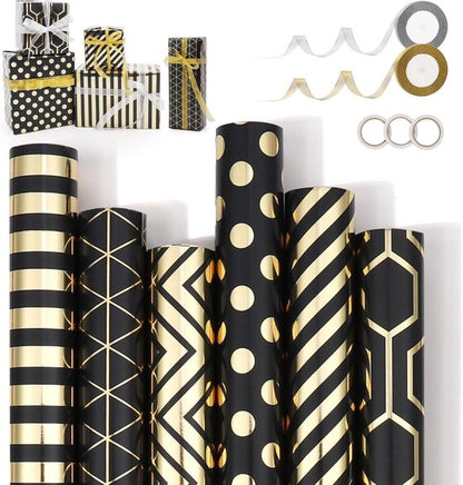 Wrapping Paper Set - 6 Rolls Gold & Black Christmas - Includes Ribbon & Stickers - 43x300 cm Per Roll V1188-ZXY-131-380