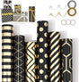 Wrapping Paper Set - 6 Rolls Gold & Black Christmas - Includes Ribbon & Stickers - 43x300 cm Per Roll V1188-ZXY-131-380