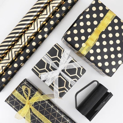 Wrapping Paper Set - 6 Rolls Gold & Black Christmas - Includes Ribbon & Stickers - 43x300 cm Per Roll V1188-ZXY-131-380