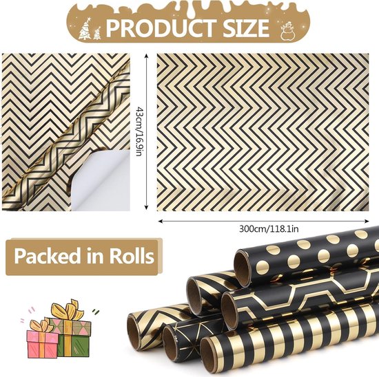 Wrapping Paper Set - 6 Rolls Gold & Black Christmas - Includes Ribbon & Stickers - 43x300 cm Per Roll V1188-ZXY-131-380