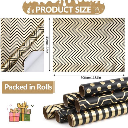 Wrapping Paper Set - 6 Rolls Gold & Black Christmas - Includes Ribbon & Stickers - 43x300 cm Per Roll V1188-ZXY-131-380