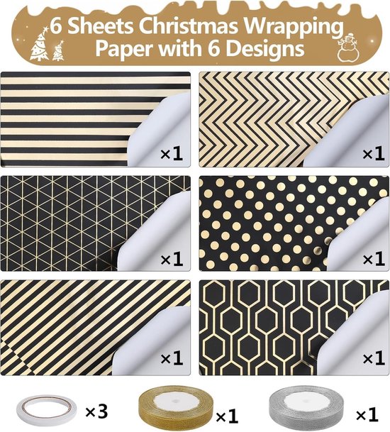 Wrapping Paper Set - 6 Rolls Gold & Black Christmas - Includes Ribbon & Stickers - 43x300 cm Per Roll V1188-ZXY-131-380