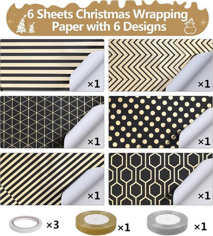 Wrapping Paper Set - 6 Rolls Gold & Black Christmas - Includes Ribbon & Stickers - 43x300 cm Per Roll V1188-ZXY-131-380