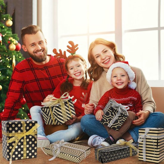 Wrapping Paper Set - 6 Rolls Gold & Black Christmas - Includes Ribbon & Stickers - 43x300 cm Per Roll V1188-ZXY-131-380