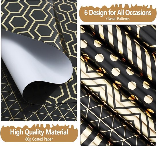 Wrapping Paper Set - 6 Rolls Gold & Black Christmas - Includes Ribbon & Stickers - 43x300 cm Per Roll V1188-ZXY-131-380
