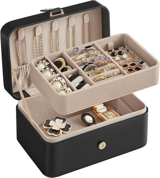 Travel Jewelry Case - 2 Layers with Velvet & Detachable Compartments - For Necklaces, Earrings & Bracelets - V1188-ZXY-131-384
