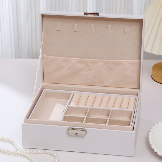 2-Tier Jewelry Box - With Removable Drawer & Lock - Large Storage Capacity for All Jewelry - White V1188-ZXY-131-385