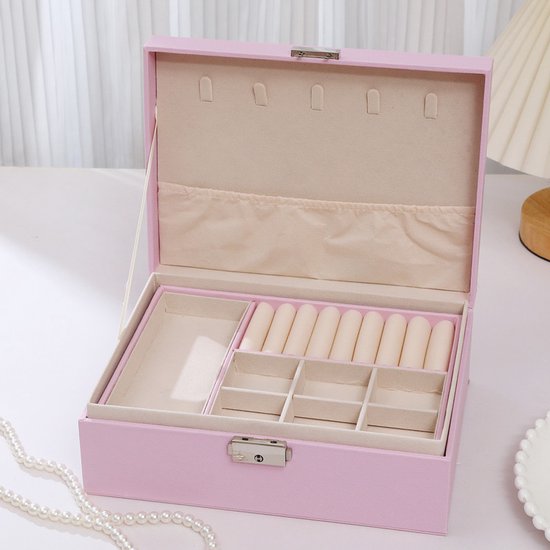 2-Tier Jewelry Box - With Removable Drawer & Lock - Large Storage Capacity For All Jewelry - Pink V1188-ZXY-131-386