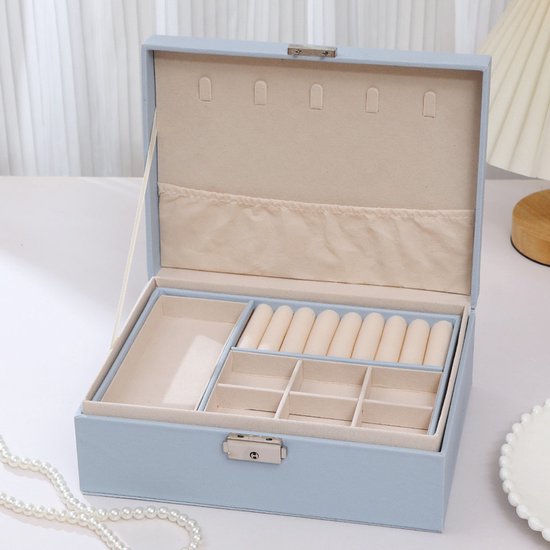 2-Tier Jewelry Box - With Removable Drawer & Lock - Large Storage Capacity for All Jewelry - Blue V1188-ZXY-131-388