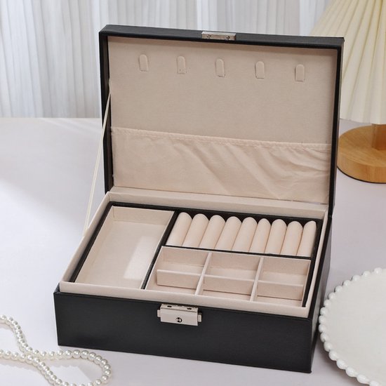 2-Tier Jewelry Box - With Removable Drawer & Lock - Large Storage Capacity for All Jewelry - Black V1188-ZXY-131-389