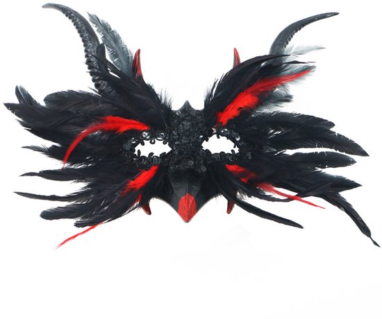 Mask - New for Halloween - Gothic Style - Mask with Decorative Feather Lace - Devil's Horn Mask - V1188-ZXY-131-492