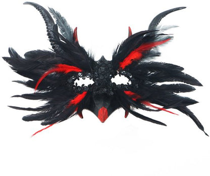 Mask - New for Halloween - Gothic Style - Mask with Decorative Feather Lace - Devil's Horn Mask - V1188-ZXY-131-492