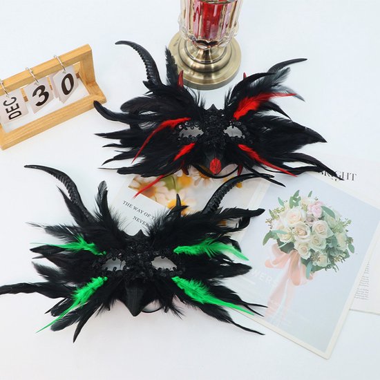 Mask - New for Halloween - Gothic Style - Mask with Decorative Feather Lace - Devil's Horn Mask - V1188-ZXY-131-492