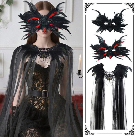 Mask - New for Halloween - Gothic - Mask with decorative feather lace - Devil's horn mask - Role-playing prop V1188-ZXY-131-493