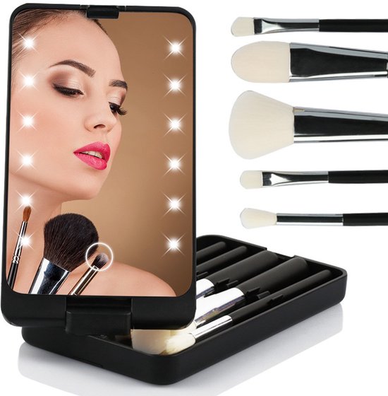 LED Makeup Mirror - Lighted Mirror - Set of 5 Makeup Brushes - Makeup Brush Storage Box - Cover - Dustproof - V1188-ZXY-131-494