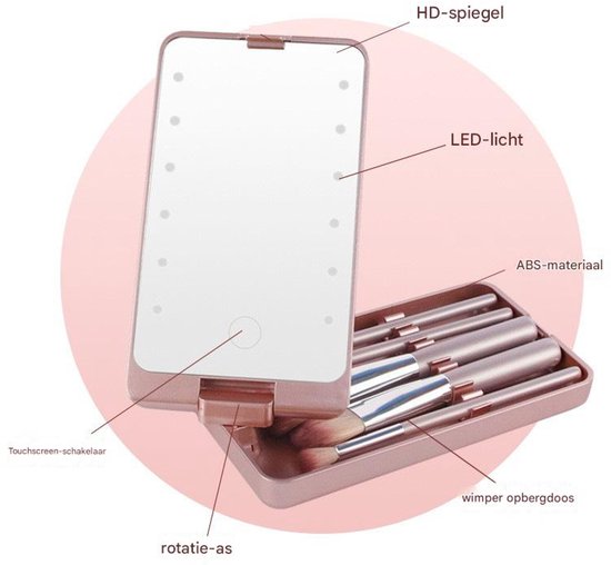 LED Makeup Mirror - Lighted Mirror - Set of 5 Makeup Brushes - Makeup Brush Storage Box - Cover - Dustproof - V1188-ZXY-131-494