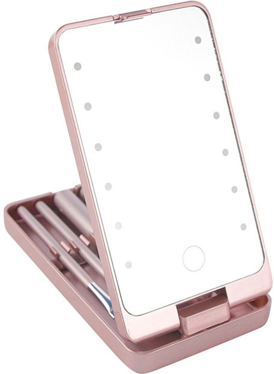 LED Makeup Mirror - Lighted Makeup Mirror - Set of 5 Makeup Brushes - Brush Storage - Cover - Dustproof - Pink V1188-ZXY-131-495
