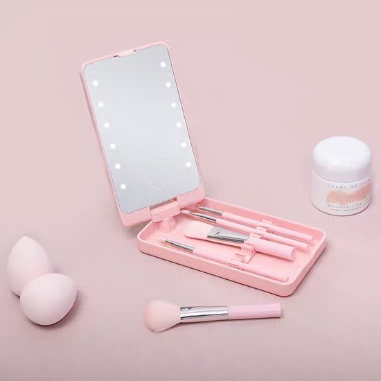 LED Makeup Mirror - Lighted Makeup Mirror - Set of 5 Makeup Brushes - Brush Storage - Cover - Dustproof - Pink V1188-ZXY-131-495