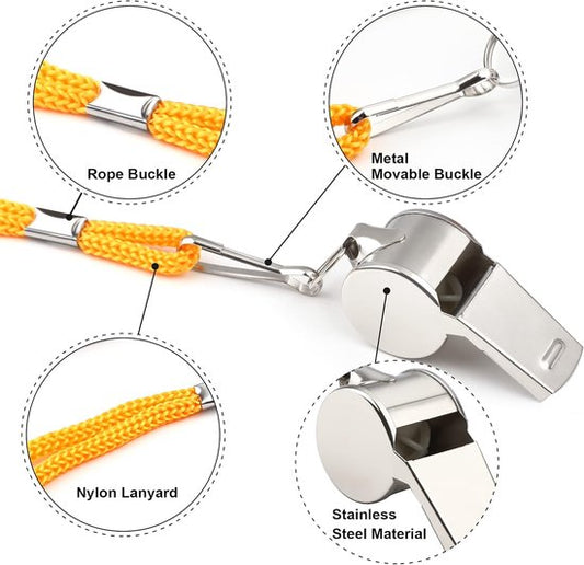 Whistles - Set of 6 - Emergency whistles - Stainless steel whistles - Metal whistles with lanyard - Coach V1188-ZXY-131-672