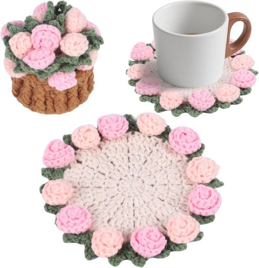 Coasters - Mini Basket Included - Floral Coasters - Vintage Rose Design - Suitable for coffee tables, V1188-ZXY-131-756