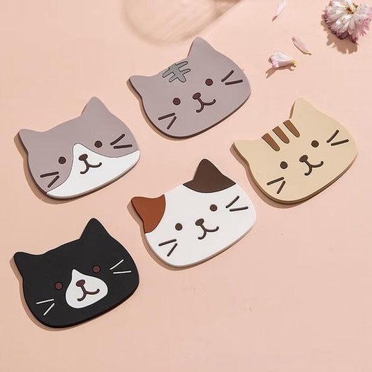 Coasters - Set of 5 - Cute cat design - Made of silicone - Compact, non-slip and heat resistant - Suitable V1188-ZXY-131-765