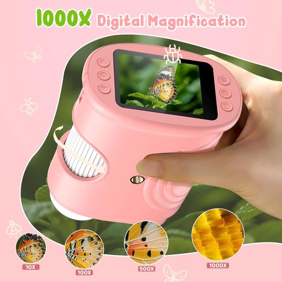 1000x Digital Children's Microscope - With 2 Inch IPS Screen & 8 LED Lights - Handy & Easy to Use for Nature V1188-ZXY-131-789