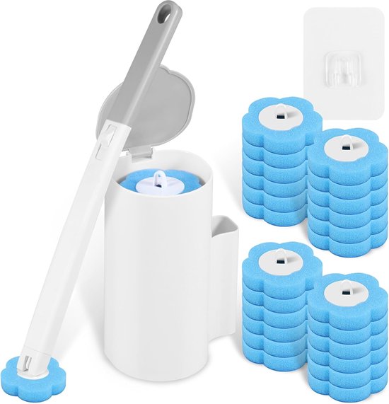 Toilet Brush Set with 24 Replaceable Heads - 360 degrees Cleaning & Pre-assembled Cleaning Solution - V1188-ZXY-131-797