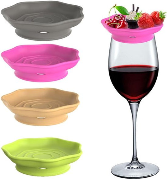 Wine Glass and Snack Tray - 4 Pieces - Draining Silicone Wine Glass and Snack Tray - Non-Slip Lid Coaster - V1188-ZXY-131-828