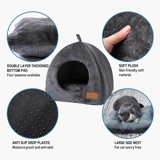 Tents Pet Bed - With Removable & Washable Cushion - Warm & Soft Fleece Fabric - For Cats & Small Dogs V1188-ZXY-131-889