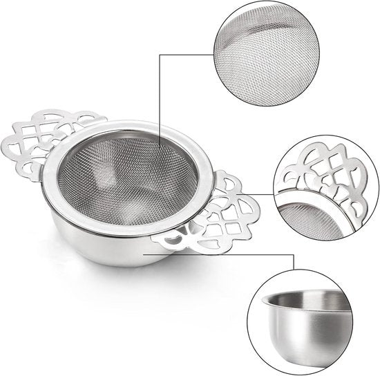 Tea Strainer - 2-piece set - Stainless steel tea infuser - Tea steeper with handle and drip cup - 6.5 cm - V1188-ZXY-131-936