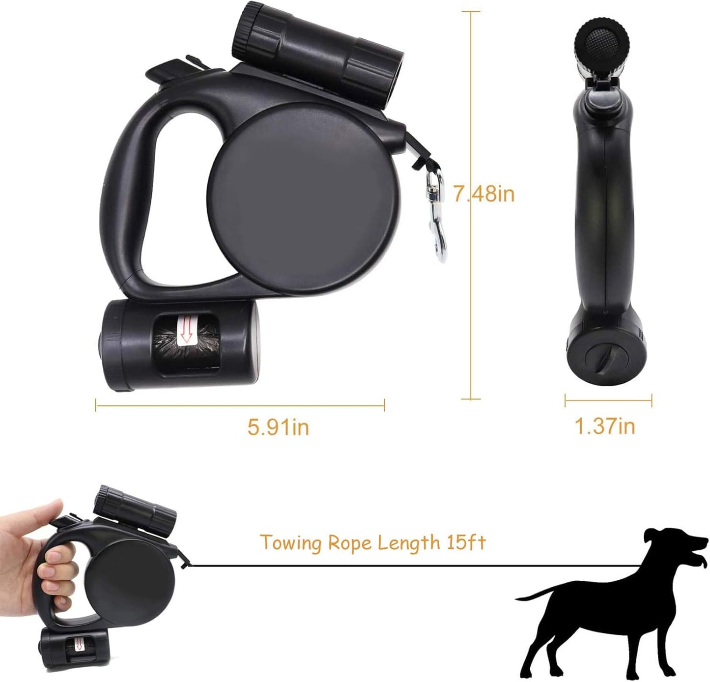 Retractable Dog Leash - Storage Box - 4.5 m - Illuminated - Black - 1 pc V1189-HB001CYTR00024