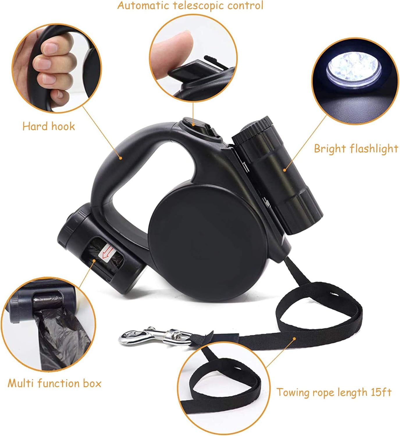 Retractable Dog Leash - Storage Box - 4.5 m - Illuminated - Black - 1 pc V1189-HB001CYTR00024