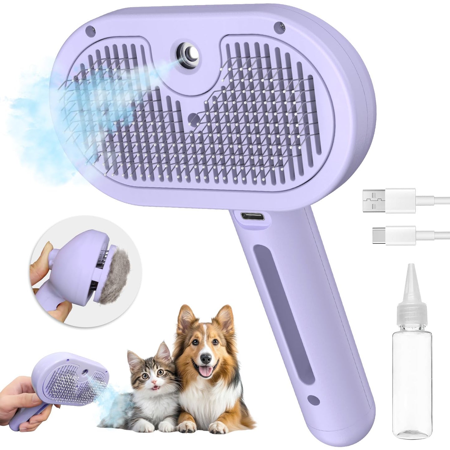 Self-Cleaning Brush - Antistatic - Pet - 3-in-1 - Purple - 1st V1189-HB001CYTR00025