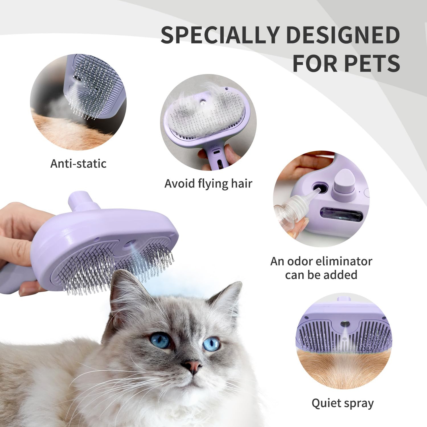 Self-Cleaning Brush - Antistatic - Pet - 3-in-1 - Purple - 1st V1189-HB001CYTR00025