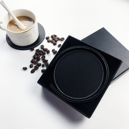 Coaster set - Leather coaster set with storage box - Black - 5 pieces V1189-HB001HWG000004