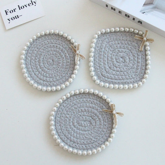Coasters - Pearl Decoration - Cotton Rope - Hand-woven - Thick and Absorbent - Insulated and Heat-Resistant - V1189-HB001HWG000005