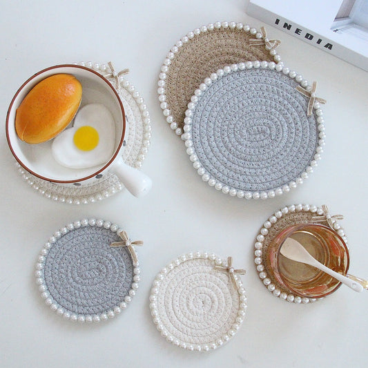 Coasters - Pearl Decoration - Cotton Rope - Hand-woven - Thick and Absorbent - Insulated and Heat-Resistant - V1189-HB001HWG000005