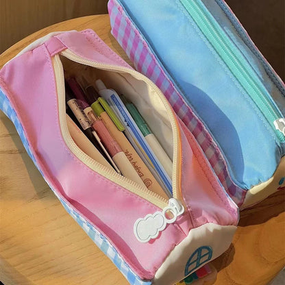 Pencil Case - Large Capacity - Cute and Lovely - Pink Check - 1 Piece V1189-HB001HWI000003