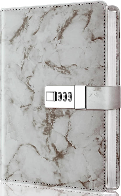 Diary with combination lock, waterproof leather, marble pattern, gray, 1 pack V1189-HB001HWI000009