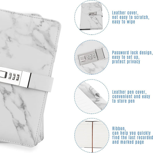 Diary with combination lock, waterproof leather, marble pattern, gray, 1 pack V1189-HB001HWI000009