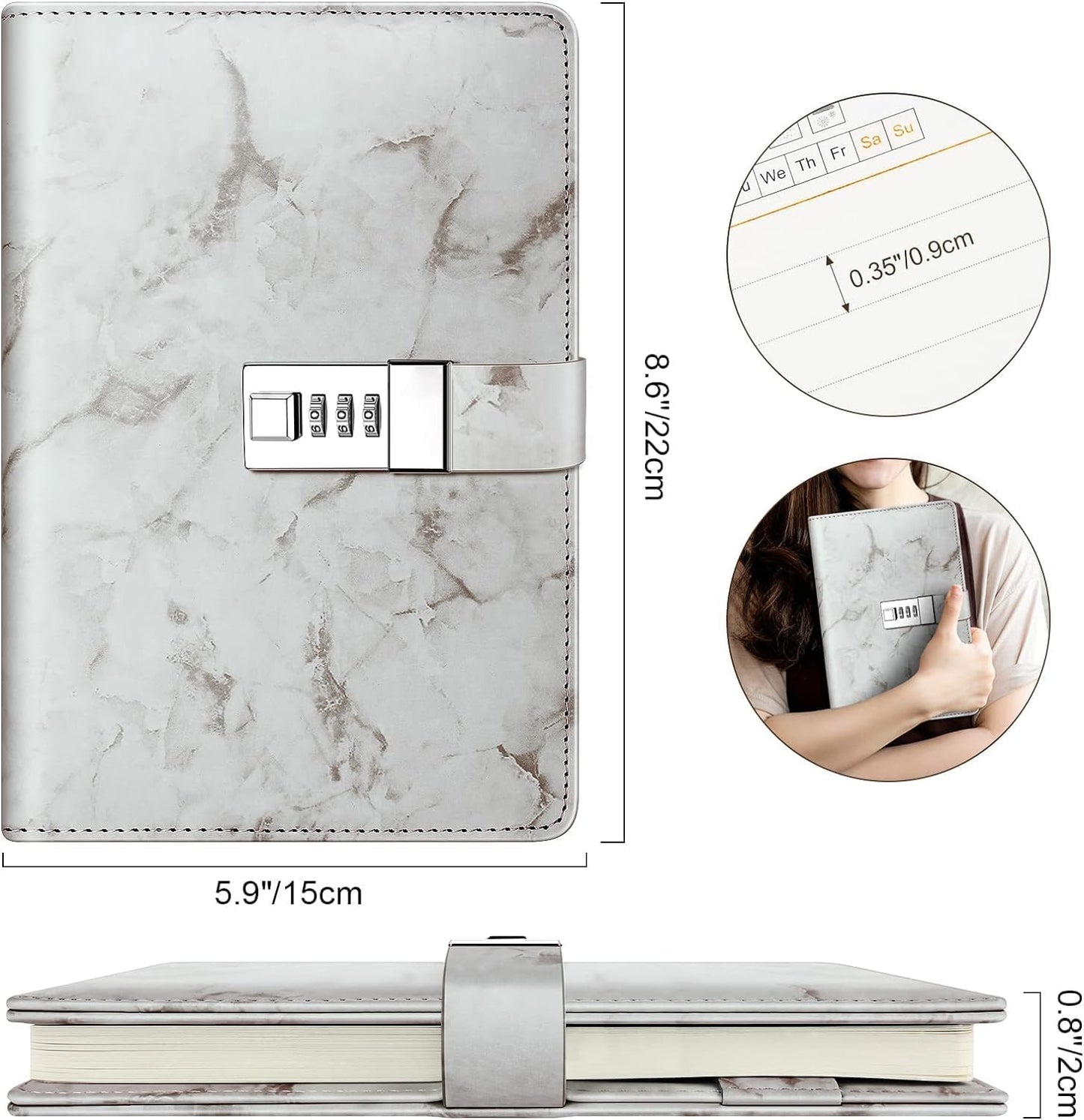 Diary with combination lock, waterproof leather, marble pattern, gray, 1 pack V1189-HB001HWI000009