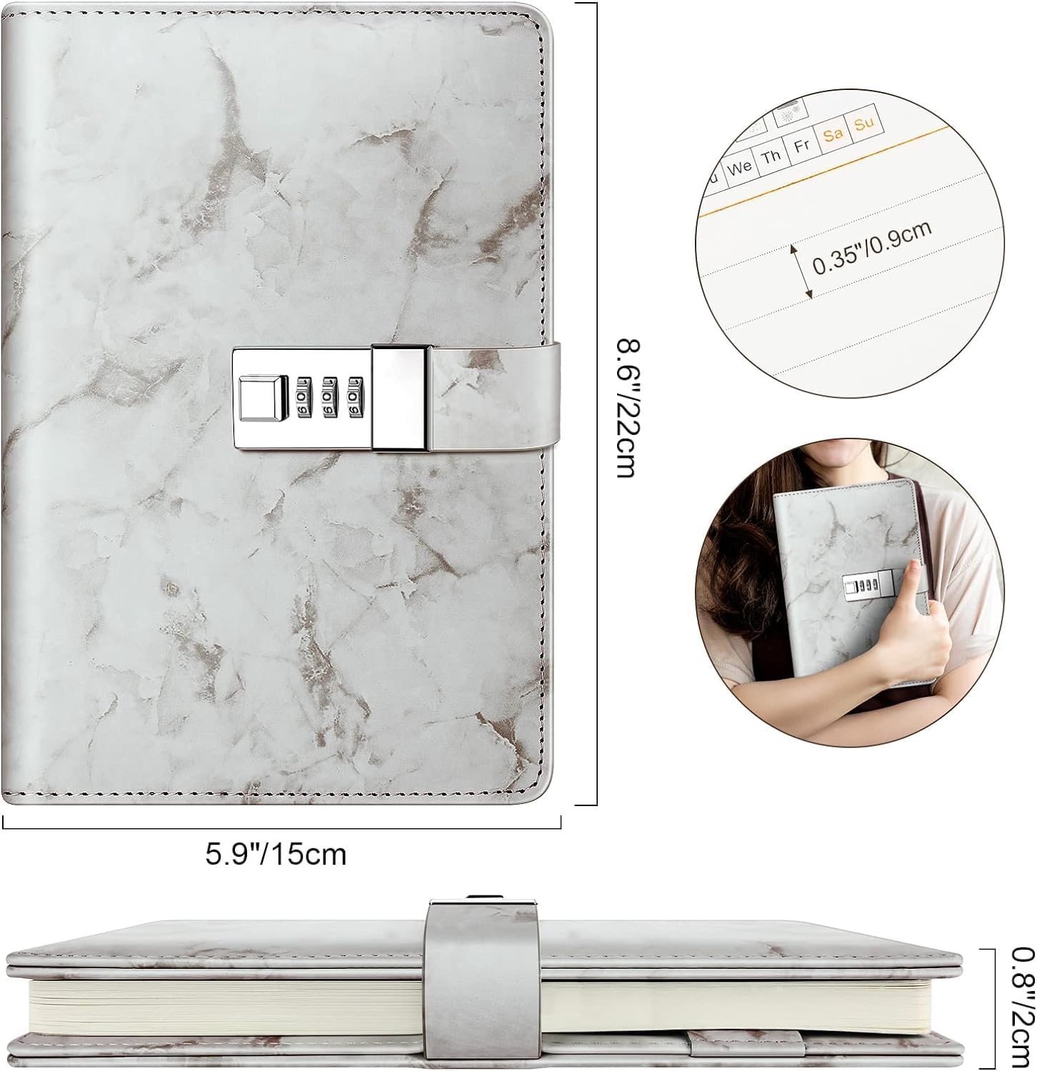 Diary with combination lock, waterproof leather, marble pattern, gray, 1 pack V1189-HB001HWI000009